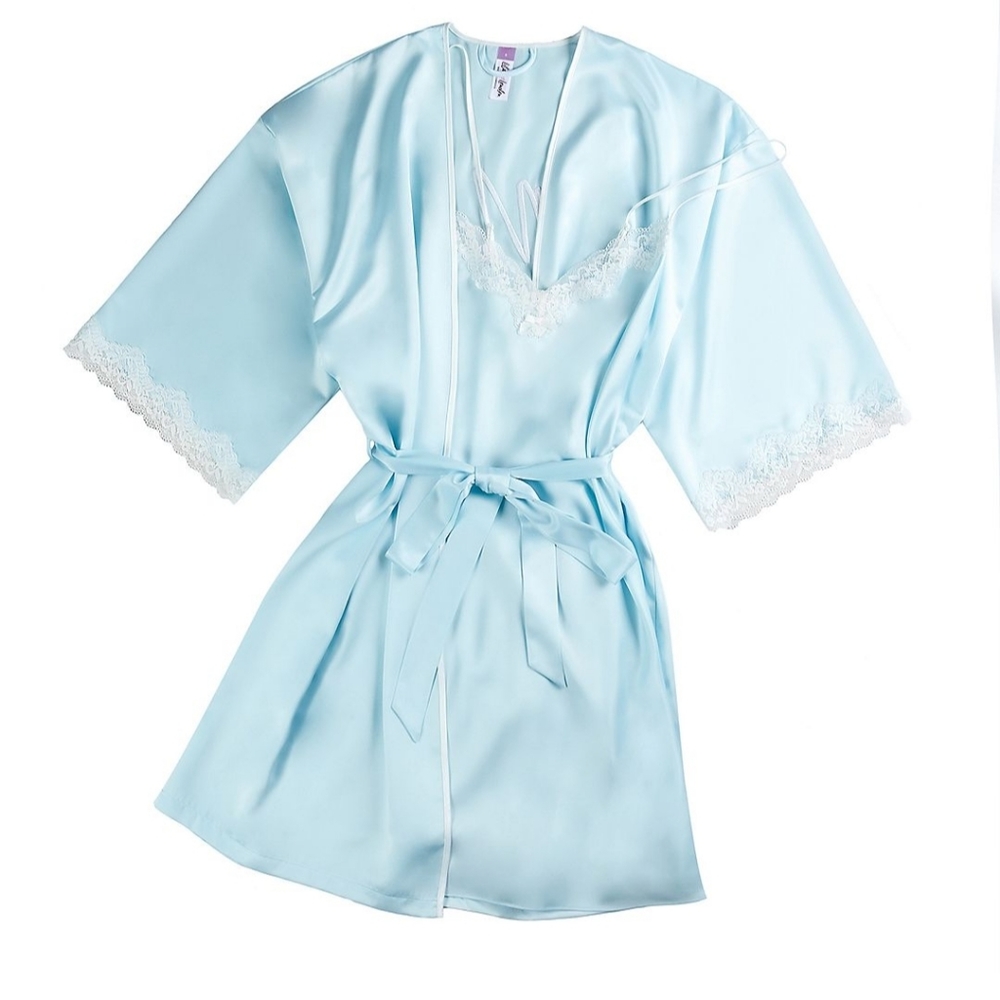 NWT Bridal Satin Chemise and Wrap Robe Set - White with Pink Lace - Picture 8 of 8